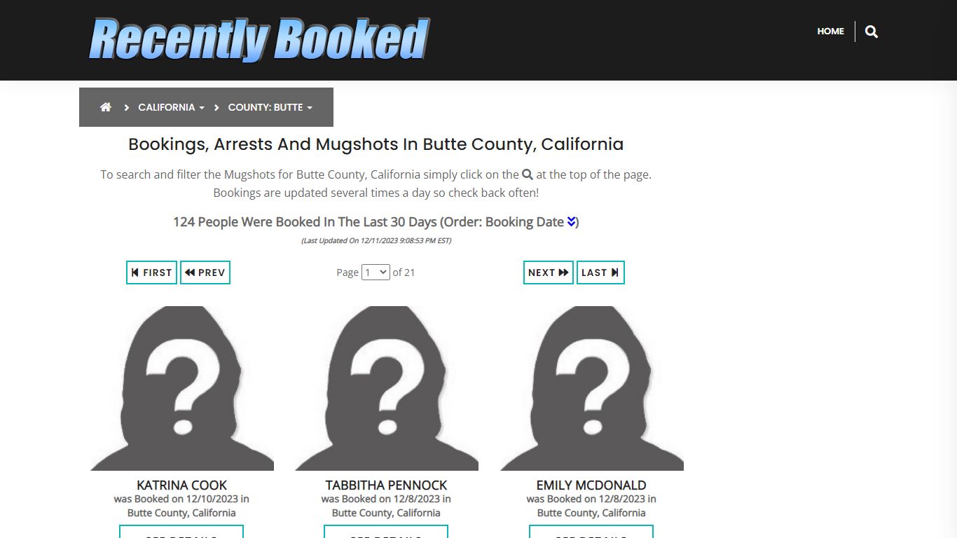 Recent bookings, Arrests, Mugshots in Butte County, California